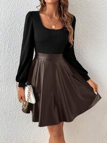 SHEIN Frenchy 方领灯笼袖 PU 皮革 A 字形连衣裙（无腰带）