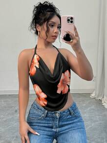 Firerie 1 Stück Damen Ärmellose Bodycon Tank Top mit Blumenprint und gerafftem Kragen, elegant und sexy, Sommer