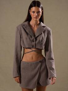 MUSERA 粗花呢格纹短款系带西装外套，优雅商务休闲风，适合夏季、春季、假期、毕业舞会、婚礼、生日等场合。 - 咖啡棕 - 查看 1