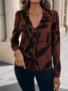 SHEIN LUNE 女士植物印花长袖单排扣休闲衬衫，秋季，长袖上衣 - 彩色 - 查看 6