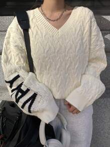 FRIFUL Women Letter Pattern Drop Shoulder Oversized Sweater, Casual Autumn/Winter