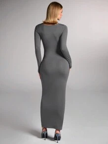 SHEIN BAE Women Fall/Winter Elegant Brown Ruched Four-Sided Stretch Knit Fitted Long Sleeve Dress - Dark Grey - View 2