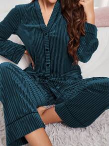 Front Open Long Sleeve Top & Pants Velvet Ladies Pajama Set