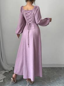 Modelyn 女士优雅长裙，方领，灯笼袖，褶皱，后系带，纯色，适合秋季长款女装长款晚礼服，女士秋季服装 - 淺灰紫 - 查看 2