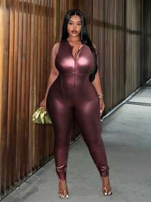Slaydiva Top court avec fermeture éclair et ourlet fendu, violet laser unicolore, élégant, idéal pour les fêtes et festivals de musique. Combiné avec une combinaison extra longue ample pour femmes en grande taille, en tissu enduit de PU léger, pour le printemps et l'automne - Parme - Voir 1