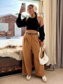 SHEIN EZwear 大码复古毛皮灯天鹅绒宽松裤配腰带，适合秋冬季 - 棕色 - 查看 3