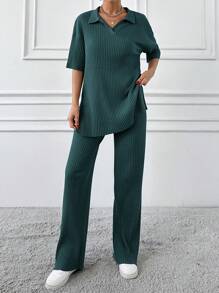EURMUSE Cotton Two Pieces Set Polo Neck Top And Pant Set Rib Knit Fabric - Army Green - View 5