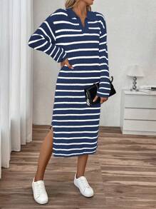 SHEIN Unity 女士 Polo 领、V 领条纹低胸休闲长款毛衣连衣裙 - 藏蓝色 - 查看 5