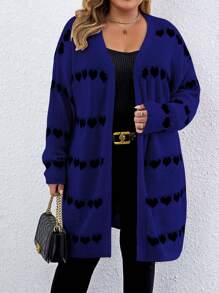 Calvaya 大码条纹印花休闲日常针织开衫，长袖