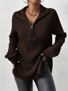 SHEIN Frenchy Half Zip Ribbed Knit Drop Shoulder Split Hem Grain Sweater - Chocolate Brown - View 6