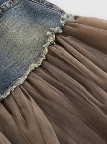 SHEIN MOD Ladies' Plain Simple Daily Denim & Mesh Contrast A-Line Skirt, Date Night Skirt, Thanksgiving, Cute Skirt, Rave Festival, Brunch Women, Clothes, Fall Skirt, Date Night Skirt, Halloween Skirt - Dark Wash - View 4