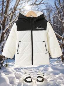 1件男童休闲连帽羽绒服，冬季保暖休闲款 - 黑白双色泰迪绒拼接羽绒服，适合冬季保暖、返校、日常穿着、圣诞节、生日派对、基础百搭、万圣节等场合，简约舒适。 - 黑與白 - 查看 2