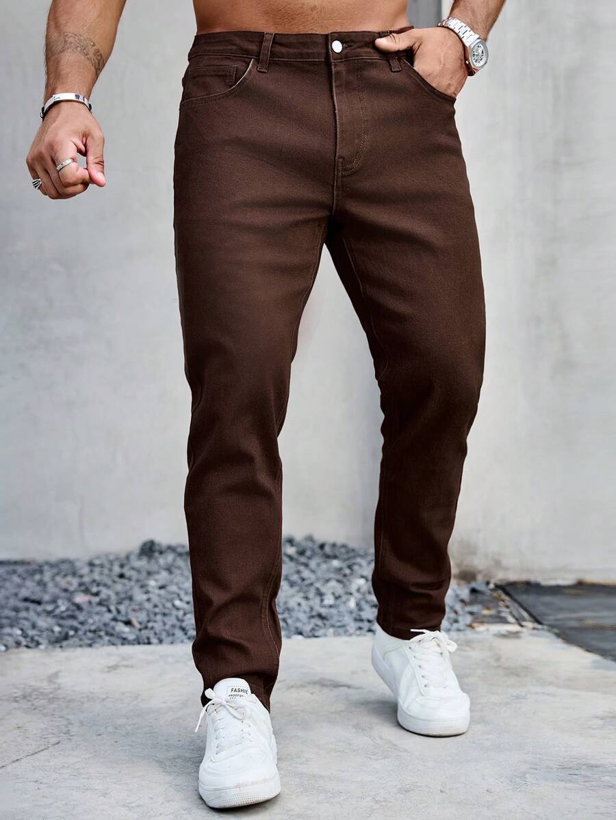 Manfinity Homme Men's Front Button Pocket Casual Simple Design Jeans, Daily Wear - Coffee Brown - View 1