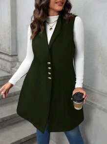 SHEIN LUNE Plus Size Solid Color Front Button Sleeveless Notched Collar Pocket Minimalist Casual Overcoat, Winter