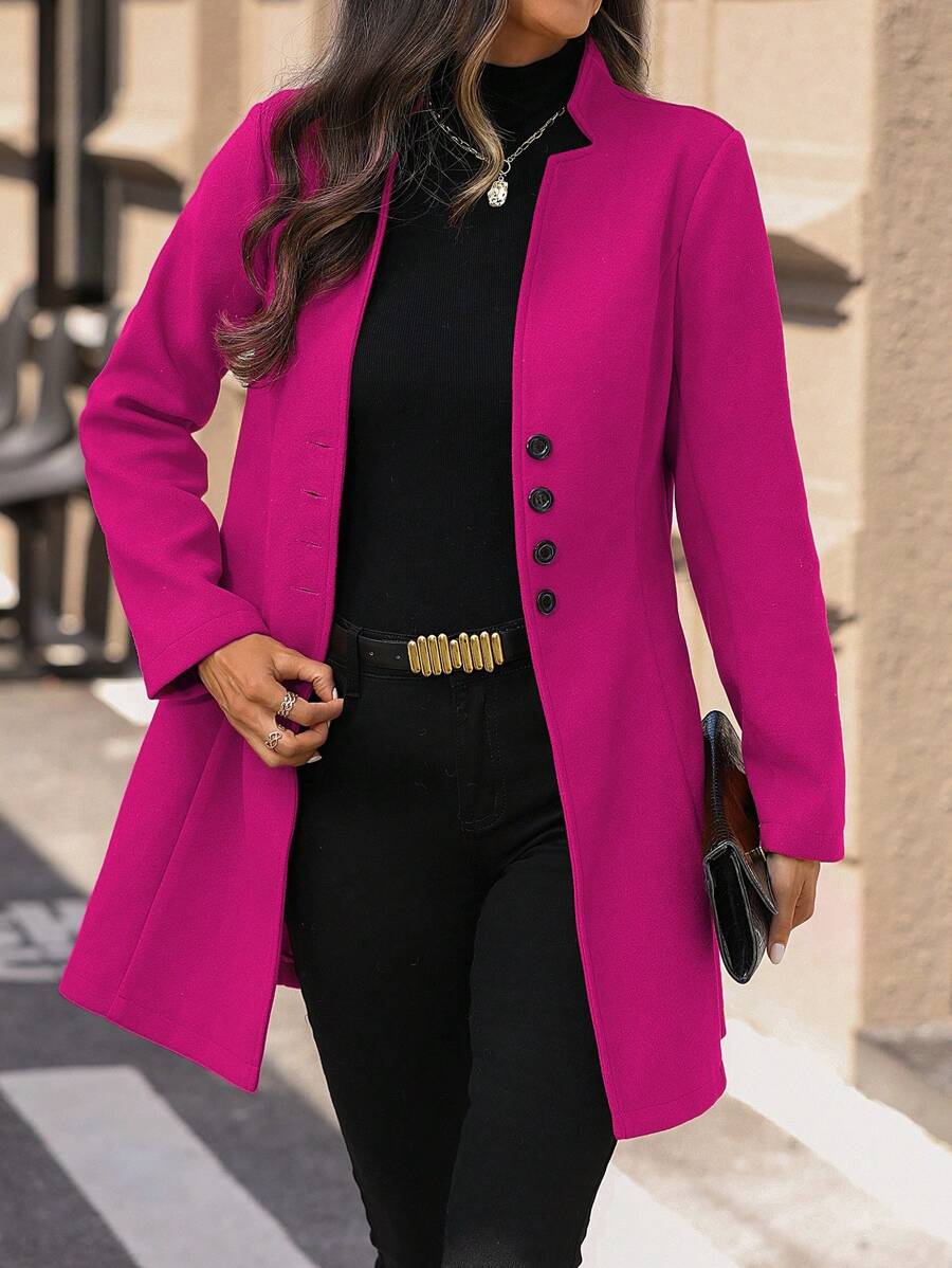 EMERY ROSE Women's Casual Vacation Valentine's Day Mandarin Collar Fitted Overcoat - Hot Pink - View 1