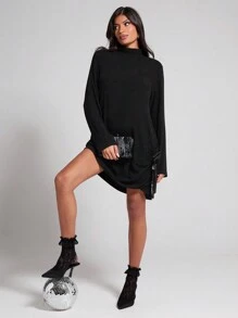 COSMINA Women's Autumn/Winter Black Bow Ruched Mini Dress