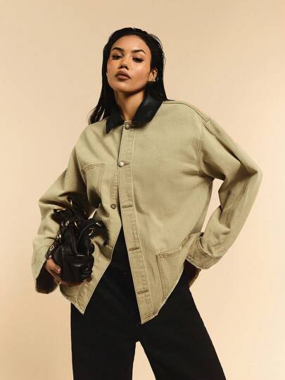 Athîral Barn 夹克 - 女士撞色翻领落肩长袖单排扣休闲牛仔衬衫，秋冬，Barnfit 风格