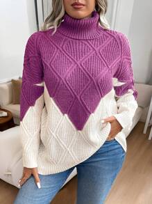 Calvaya Plus Size Turtleneck Colorblock Sweater, Fashion Casual Pullover For Everyday Wear, For Winter Knit Pullover Fall - Purple - View 7