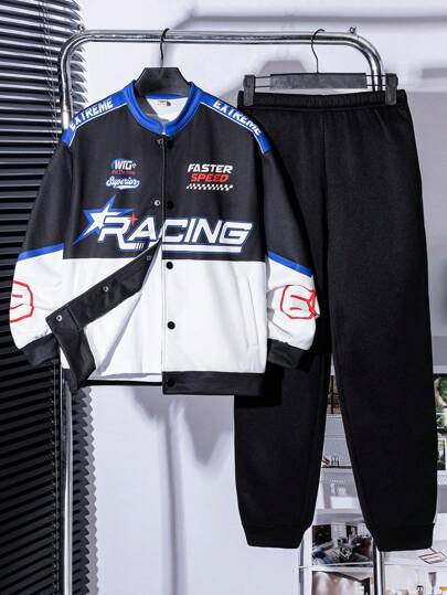 2 件套 Tween Boy 拼色图案夹克和松紧腰裤套装，适合秋季、春季和冬季，适合户外玩耍、学校、街头摄影、派对和休闲穿着，性价比高