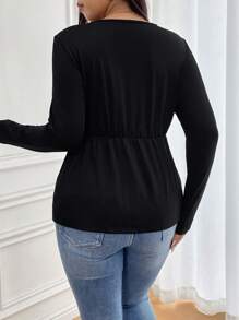 SHEIN Frenchy Plus Size Casual Solid Color Rhinestone Bow Decoration Long Sleeve T-Shirt, Autumn/Winter - Black - View 6