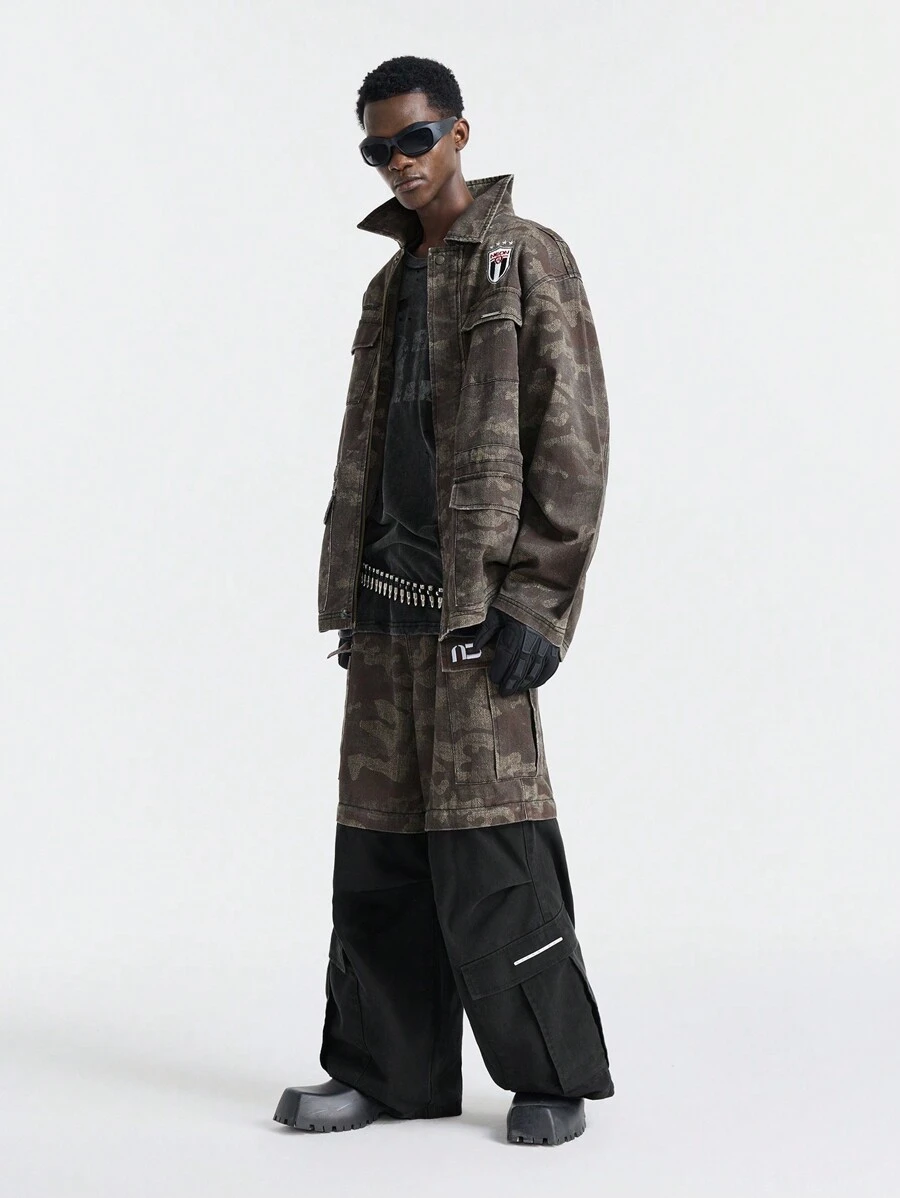 NEON BLANC 男士街头风宽松编织拼布牛仔口袋长裤 - 摩卡棕 - 查看 1