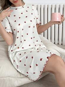 Heart & Polka Dot Print Ruffle Trim Jacquard Short Sleeve T-Shirt Dress - Multicolor - View 5