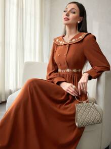 Modelyn 刺绣双排扣彼得潘领优雅长袖连衣裙超长女士装长款晚礼服 - 珊瑚橙 - 查看 3