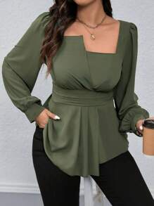 DreamSkyne 大码方领纯色荷叶边下摆休闲长袖衬衫荷叶边上衣 - 軍綠色 - 查看 7