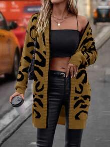 SHEIN LUNE Casual Leopard Pattern Jacquard Double Pockets Cardigan, Autumn/Winter - Brown - View 1