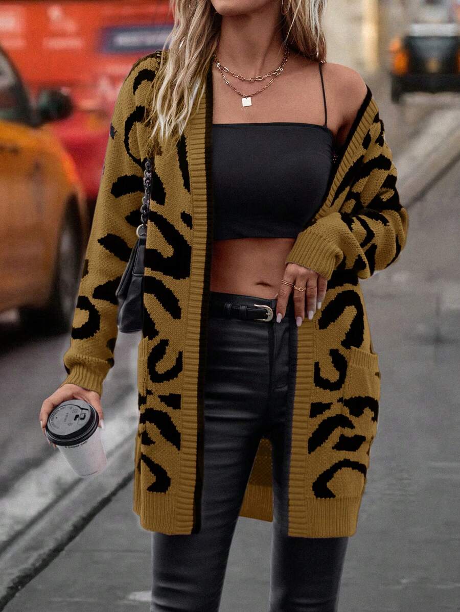 SHEIN LUNE Casual Leopard Pattern Jacquard Double Pockets Cardigan, Autumn/Winter - Brown - View 1