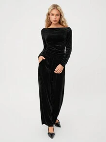 Easelle Women's Solid Color Long Sleeve Top And Wide Leg Pants Loose Casual Velvet Suit, Autumn - Black - View 6