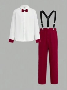 2pcs Young Boys Gentleman Refined Elegant White Collared Long Sleeve Shirt And Suspender Pants Suit Set, Fit For Weddings, Parties, Outings, Daily Gatherings, Autumn/Winter - Burgundy - View 8
