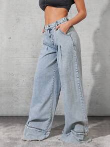 Denimoi Women Plain Pocket Decor Casual All-Match Loose Wide Leg Jeans