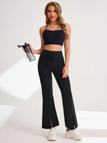 Easithlete 女士纯色前系腰简约设计运动裤，休闲日常穿着 - 黑色 - 查看 5