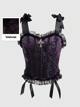 Camisole élégante pour femmes de style gothique sombre, avec dentelle de velours, brides croisées et nœud papillon