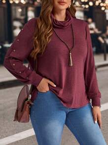 EMERY ROSE 大码冬季女式红色立领长袖纽扣简约 T 恤，休闲日常穿着