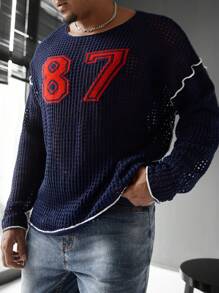 Manfinity Homme Plus Size Men's Fashion Hollow-Out Number Pattern Knit Sweater, Autumn - Multicolor - View 1