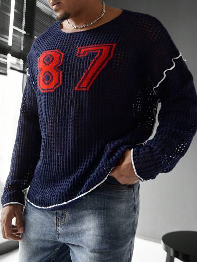 Manfinity Homme Plus Size Men's Fashion Hollow-Out Number Pattern Knit Sweater, Autumn