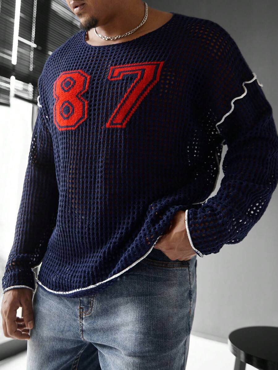 Manfinity Homme Plus Size Men's Fashion Hollow-Out Number Pattern Knit Sweater, Autumn - Multicolor - View 1
