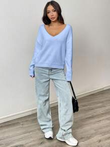 SHEIN Unity 1 Áo len cổ chữ V trễ vai màu trơn thường ngày cho nữ, mùa thu/đông - Màu xanh lam - Xem 4