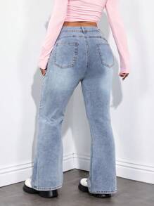SHEIN ICON Plus Size Casual Washed Fitted Flare Leg Jeans - Blue - View 2