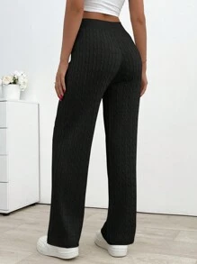 EURMUSE Women's Solid Color Straight Leg Loose Cable Knit Pants, Autumn/Winter - Black - View 2