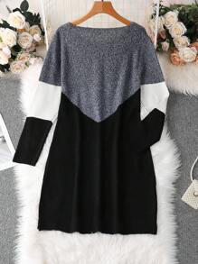 SHEIN LUNE Plus Size Women Color Block Patchwork Hollow Round Neck Slim Fitted Bodycon Knitted Sweater Dress, Elegant For Commute, Lightweight Autumn, For Winter - Multicolor - View 2