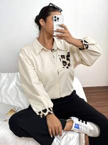SHEIN Frenchy Plus Size Fall Leopard Patchwork Lantern Sleeve Casual Shirt