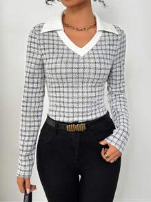 SHEIN Clasi 优雅格子 V 领长袖女式 T 恤 - 白色 - 查看 1