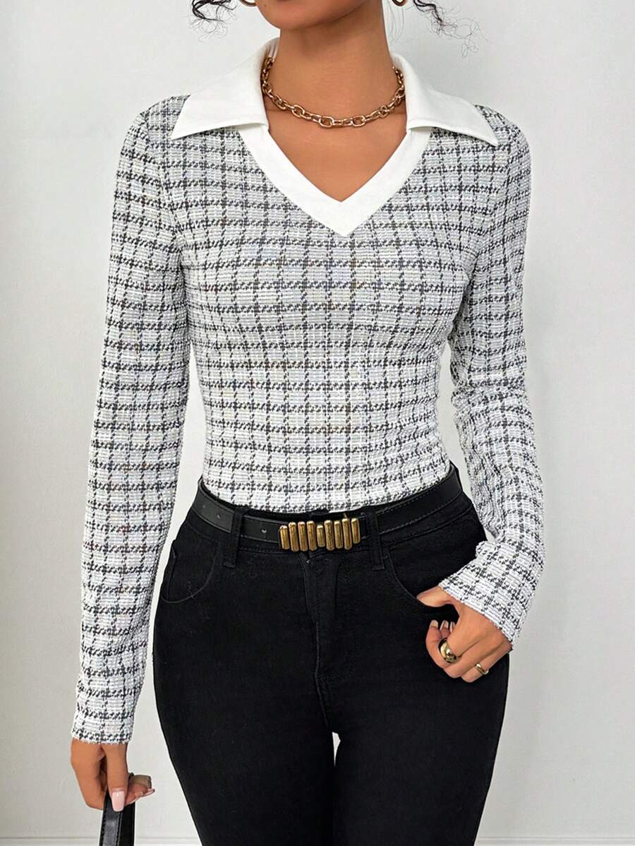 SHEIN Clasi 优雅格子 V 领长袖女式 T 恤 - 白色 - 查看 1