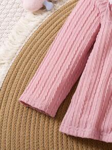 2pcs Young Girl Lotus Root Pink Thick Cable Knit Ruffle Decor Leisure Comfortable Fashion Essential Long Pants And Long Sleeve Pajama Set, Autumn/Winter