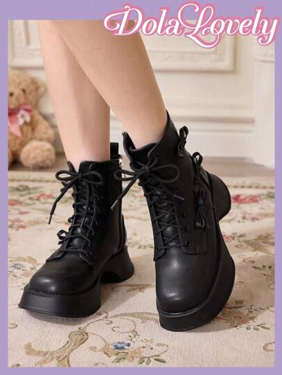 Dola Lovely Black Thick Sole Boots Women Short Boots Ins British Style 2024 Fall Winter New Mid-Calf Boots Stewardess Skinny Boots Ankle Boots For Ladies For Christmas And New Year Holiday