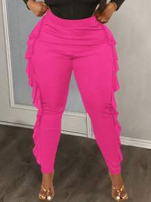 Slaydiva Plus Size Elegant & Party Solid Color Fitted Side Ruffle Splice Ribbed Fabric Maxi Pants For Women - Hot Pink - View 1