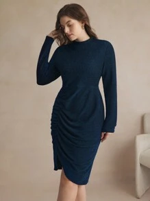BizChic Metallic Thread Knitted Slim-Fit Elegant Office Dress - Blue - View 5